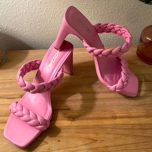 Soda Women Block High Heel Sandals Braided Band Square Toe ( style is “found”)